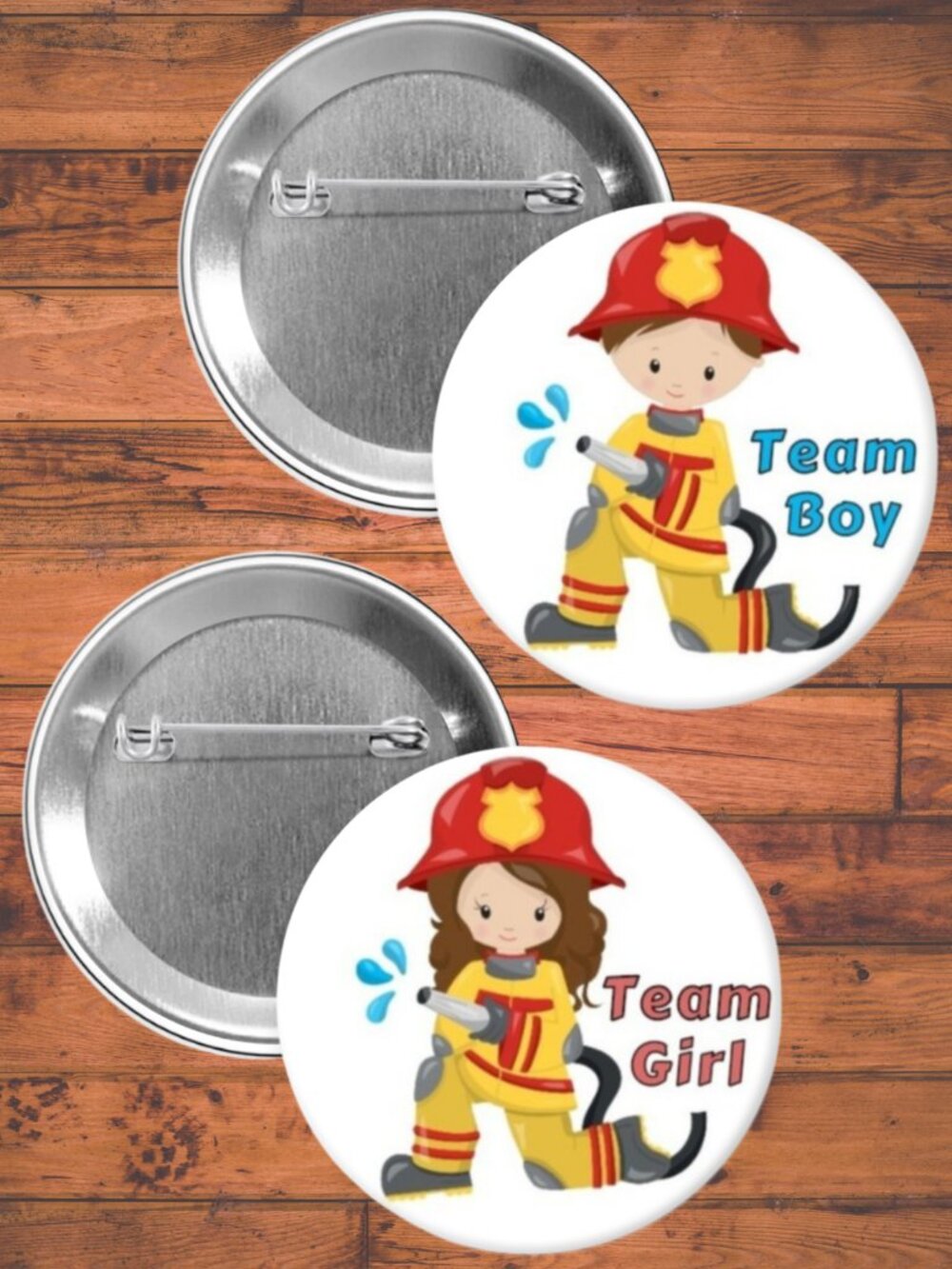 Firefighter Gender Reveal Party Favors, Pin Back Buttons, Baby Shower